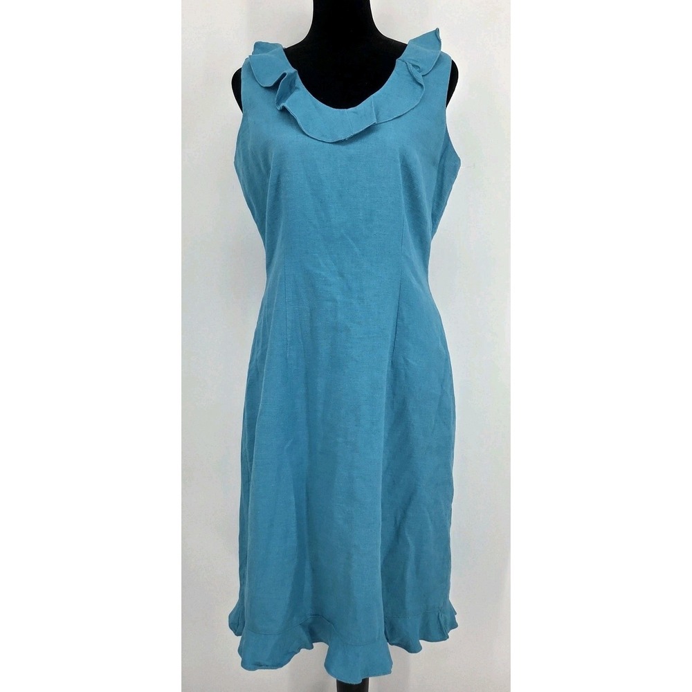 Vtg Mary McFadden Linen Ruffle Dress 6 Blue Knee Length